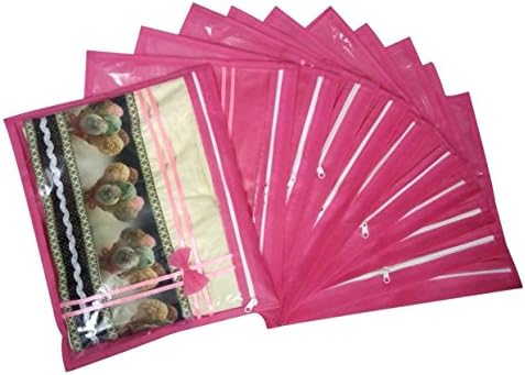 QTM Single Packing Saree Cover with Bow/Premium Clothes Cover Garment Organizer Saree Case Sari Pouch Storage Bag (Pink Set of 12) (Wedding Collection Gift)
