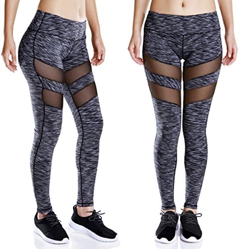 Women Workout Leggings Black Mesh High Waist Sport Capris Yoga Pants with Pocket Gray