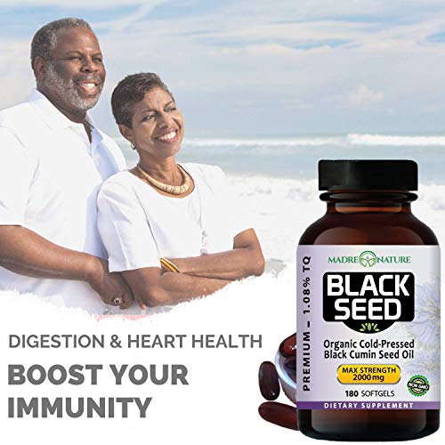 Organic Black Seed Oil 2000mg - 180 Softgel Capsules (Non-GMO) Premium Cold-Pressed Nigella Sativa - Black Cumin Seed Oil with Omega 3, 6, 9 - Darkest, Highest TQ Content