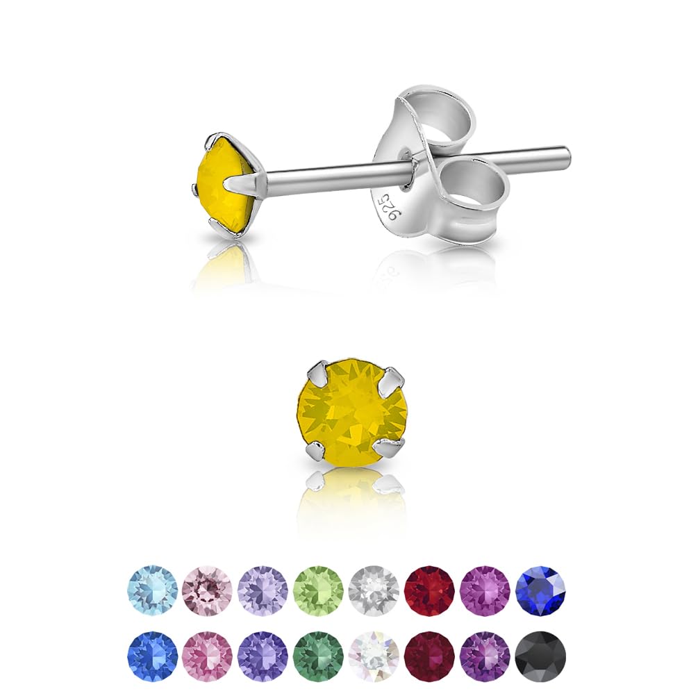 925 Sterling Silver Round Tiny Stud Earrings made with Glittering Crystals - Small Silver Studs Earrings for Woman - Diameter: 3 mm - Colour : Yellow Opal