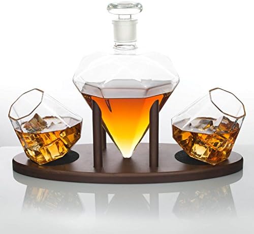 Atterstone Diamond Decanter Set / Full Set with Custom Mahogany Decanter Stand, 2 Diamond Whiskey Glasses, Whiskey Stones and Stainless Steel Funnel