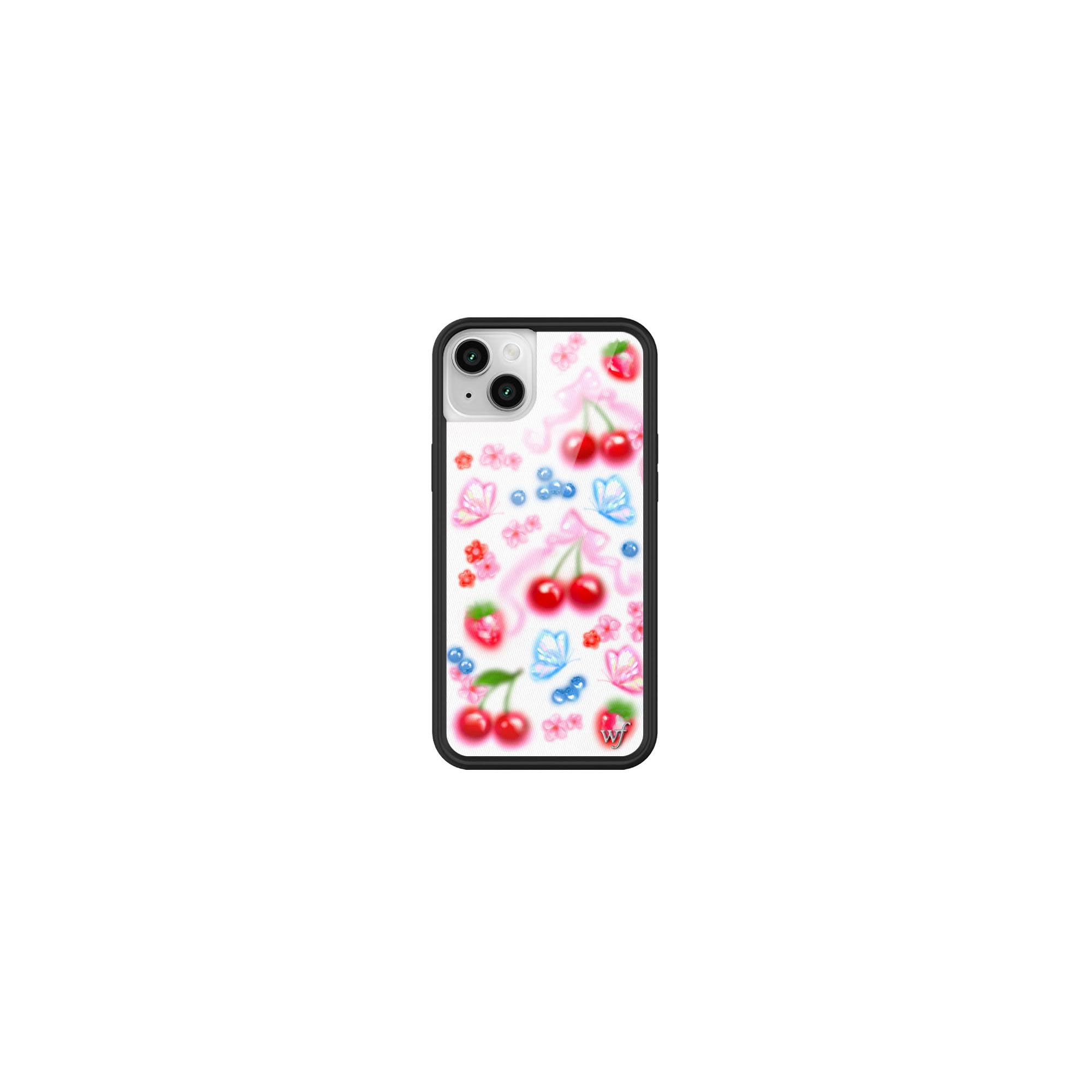 Wildflower Cases - Compatible with Apple iPhone 13/14 | Protective Black Bumper, 4ft Drop Test Certified, Women Owned Small Business | Sweet Cherries - Blue Pink Fruit Art Cute Aesthetic Trendy Image