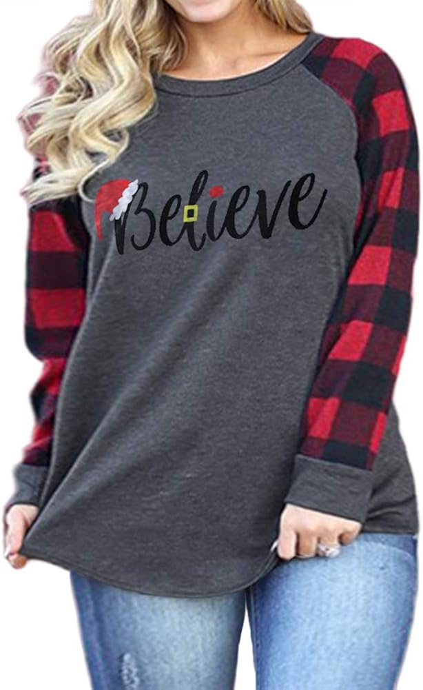 Plus Size Christmas Tops for Women Casual Plaid Long Sleeve T Shirts F