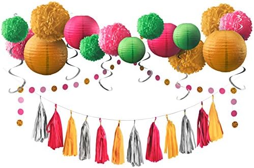 Voplop Set of 35 pcs - Tissue Paper Pom Poms and Lanterns - Circle and Tassel Garlands - Glitter Hanging Swirls - Great For Baby Showers - Birthday Parties - Weddings