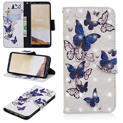 ZSTVIVA Galaxy S8 Case, S8 Case, Wallet Case Cover Diamond Tower PU Leather Credit ID Card Bumper Magnetic Flip Protective Skin Shell for Samsung Galaxy S8 Blue White Butterfly