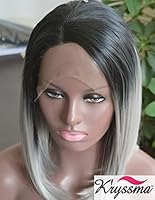K Ryssma Grey Ombre Hair Short Bob Wigs For Black Women Natural Looking Dark Roots Synthetic Lace Front Wig Half Hand Tied Heat Friendly 14inches