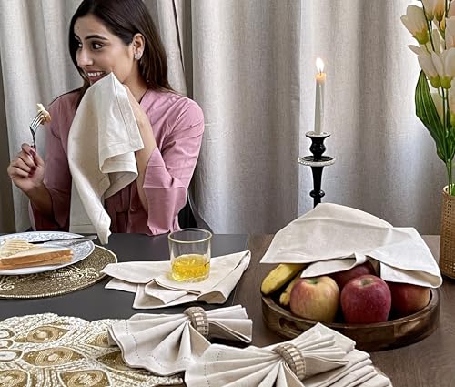 BEDDING CRAFT Set of 12 Linen Flax Cotton Cloth Dinner Napkin with Hemstitched 20x20 Natural, Mitered Corners -Perfect for Wedding, Dinner, Parties and Table Decorations