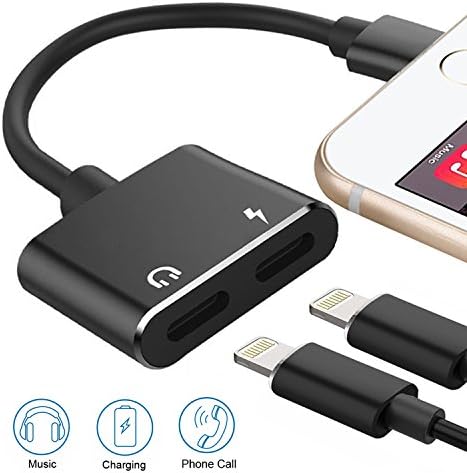Dual Lightning Adapter, KOLIER 2 in 1 Lightning Adapter, Headphone Audio + Charge Cable Splitter for iPhone X / 8 Plus / 8 / 7 Plus / 7, Support iOS 10.3 or later (Black)
