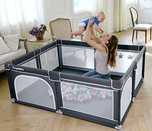 ANGELBLISS Baby Playpen, Extra Large Playard, Indoor & Outdoor Kids Activity Center with Anti-Slip Base, Sturdy Safety Play Yard with Breathable Mesh, Kid's Fence for Infants Toddlers(Black,79”x59”)