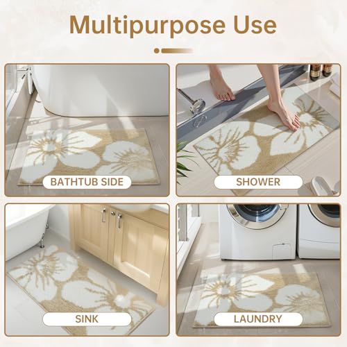 Bathroom Mat 19.7x31.5 Inch, Non Slip Extra Soft Absorbent Washable Bathroom Rugs, Mid Century Modern Boho Area Rug Welcome Mat Floral Faux Wool Bath Mat for Bathroom, Bedroom, and Kitchen,Brown