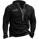 TOMITANY Men’s Fleece Sweatshirts Long Sleeve Button Up Tactical Shirts American Flag Printed Henley Shirts Patriotic Shirt