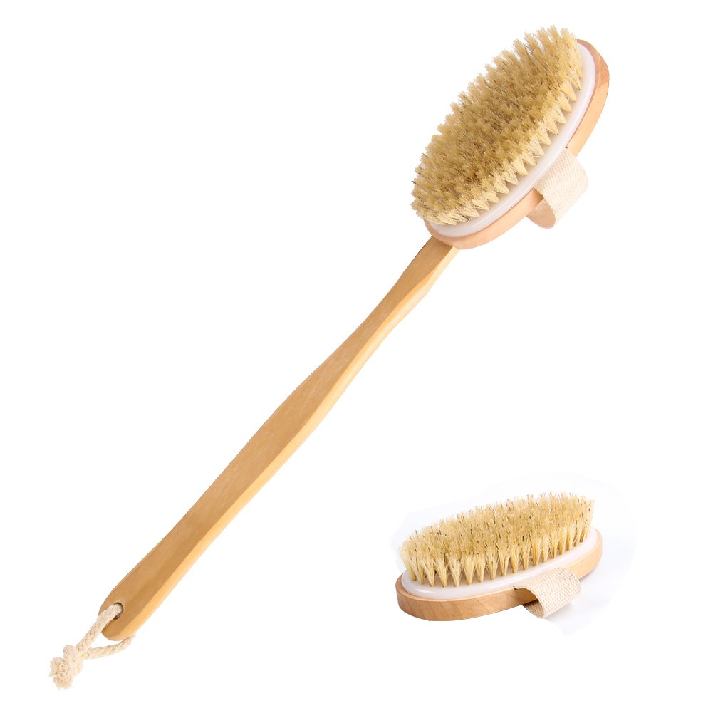 Longhandle Dry Skin Bath Body Brush - Detachable Boar Bristle Shower Brush with Grip for Elders Perfect for Cellulite and Exfoliating