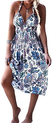 MMUA Womens Summer Vintage Boho Mini Maxi Evening Party Beach Floral Dress Skirts Sundress (M, Blue)