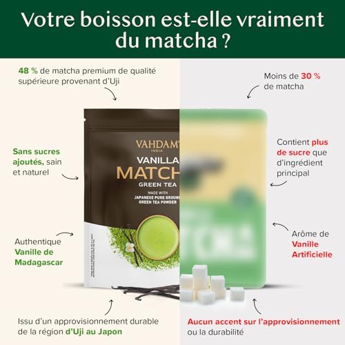 Poudre de Matcha à la Vanille 100g-50 Tasses | Matcha Uji & Vanille de Madagascar | 100% Naturel | Thé Vert Japonais Premium | Pour Latte & Thé