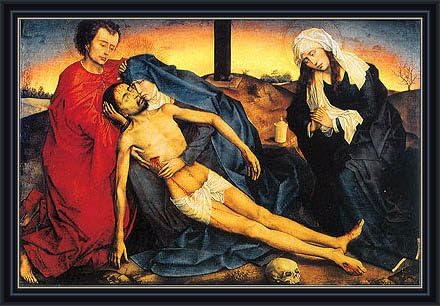 Weyden (Pieta (Lamentation of Christ), c.1450) Canvas Art Print Reproduction Framed with 2.6" wide Black Frame and Gold Edge (12.8x18.5 in) (33x47 cm)
