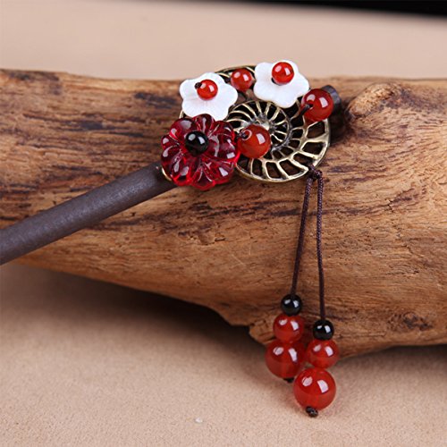 7inch- Wooden Hair Pin Chinese Lacquer Plum blossom Shell Hair Sticks Hairpin with Tassel Pearls Dangle Retro for Women Girls Long Hair Styling (Plum blossom)