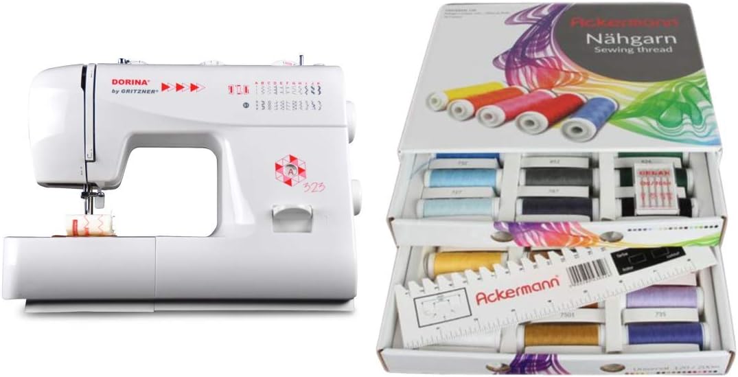 Gritzner Dorina 323 Freiarm-Nähmaschine -> mit dem Starterset sofort loslegen und super Ergebnisse nähen (Dorina 323 + Ackermann Nähgarn-Box (Weiß))
