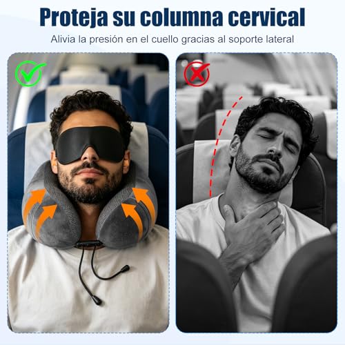 Almohada de Viaje, Almohada de Cuello Viscoelástica de Espuma de Memoria, Funda de Almohada Extraíble y Transpirable,con Máscara para Los Ojos, Tapones Para Los Oídos, Bolsa de Almacenamiento