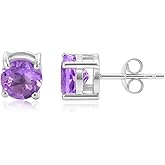 Sechi Genuine Amethyst Stud Earrings in 925 Sterling Silver | Hypoallergenic February Birthstone Earrings for Women | Classic Gemstone Jewelry Gift