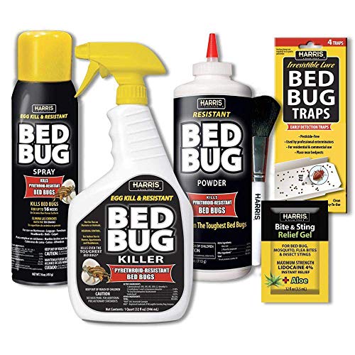 Harris Bed Bug Killer Value Bundle Kit - 32oz Bed Bug Killer, 16oz Aerosol Spray, 4oz Bed Bug Powder w/Brush, 4-Pack Bed Bug Detection Glue Traps and Bed Bug Bite Relief Gel