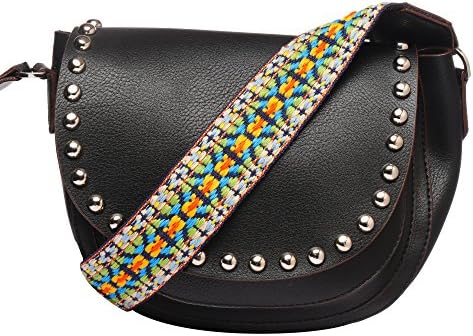 MONOKROME NEW YORK handbags for women studded crossbody sling saddle bag with rainbow color hand woven cotton cross body strap for women