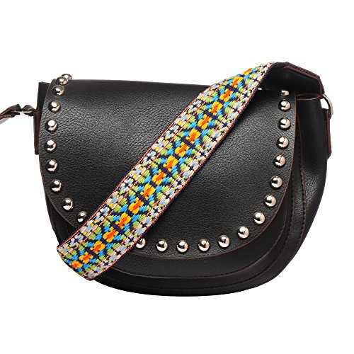 MONOKROME NEW YORK handbags for women studded crossbody sling saddle bag with rainbow color hand woven cotton cross body strap for women