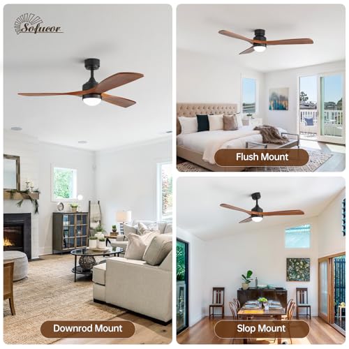 Sofucor 132cm Ventilador de Techo con Luz, Madera maciza Ventilador de Techo con Mando a Distancia, DC, 3 Temperaturas de Color, Temporizador, 6 Velocidades, Modo Verano Invierno para Salones