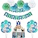 1st Birthday Decorations,Baby Boy First Birthday Party Supplies Include 87Pcs Silver Number 1 Balloons Crown High Chair Decoration Banners Hanging Swirls Paper Pompoms Blue and Green Balloons Cake Flags For One Year Old Baby