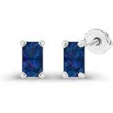 14K Gold Plated 925 Sterling Silver Hypoallergenic 5x3mm Emerald Cut Prong Set Genuine Birthstone Solitaire Screwback Stud Earrings
