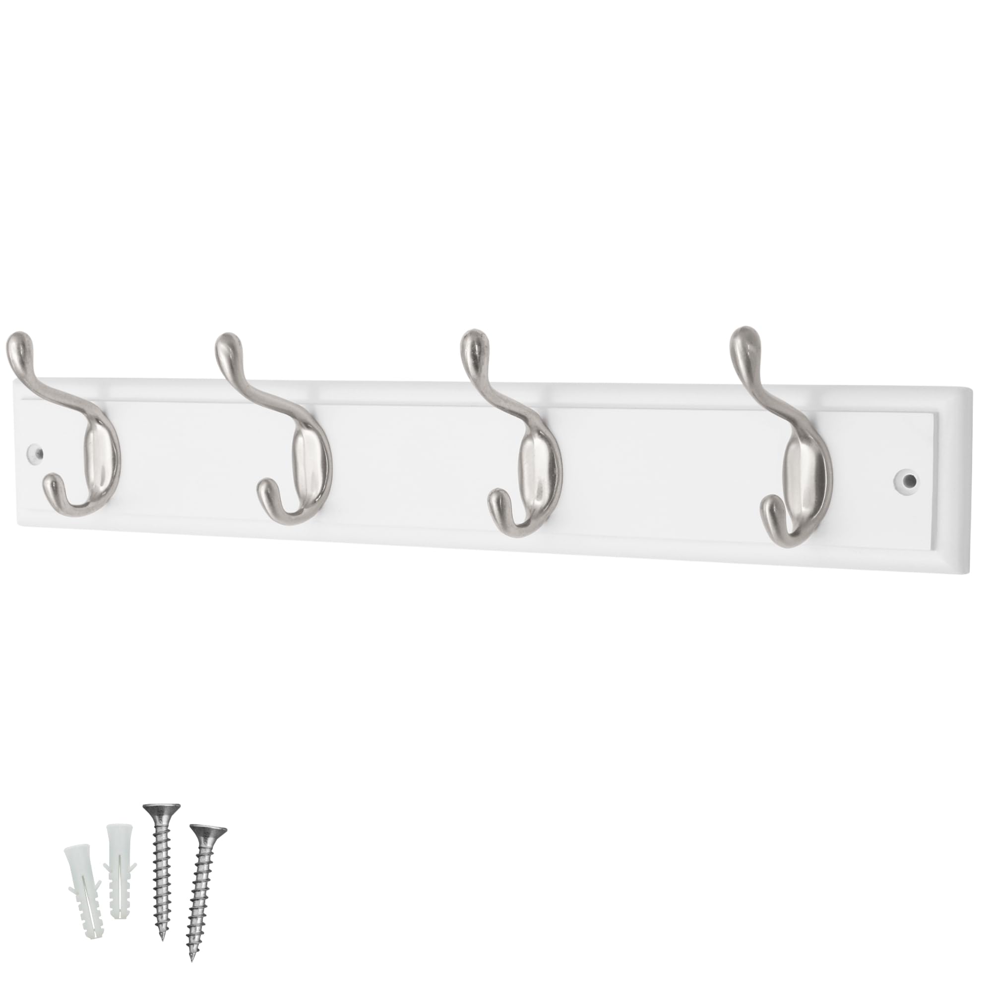 Keypak 4 Hook White Wooden Wall Mounted Coat Rack with 4 Satin Nickel Hooks - Heavy Duty Wooden Board for Coats, Hats, Bags, Tools Space Saving Wall Storage Organiser, Fixings Included