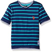 U.S. Polo Assn. Little Boys' Short Sleeve Striped V-Neck T-Shirt, Malibu Blue H4HA500MUV, 2T