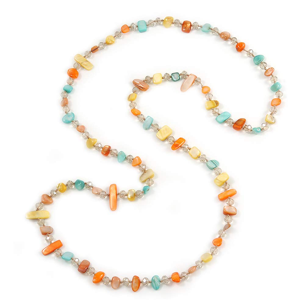 Avalaya Orange/Yellow/Mint Shell/Transparent Glass Crystal Bead Long Necklace/120cm L
