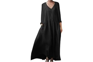 Dademeo Summer Linen Dress for Women 2024 Casual Loose Fit Lightweight Long Sleeve V Neck Maxi Dress Flowy Dress with Pockets