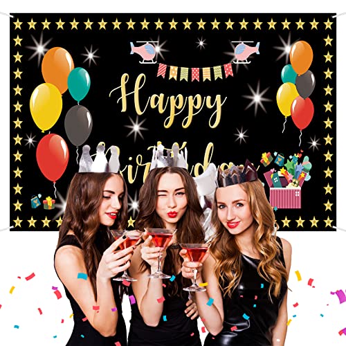 Mokonate Happy Birthday Backdrop Banner Decorations for Kids 6x3.3ft Black and Gold Balloons Star Flag Happy Birthday to You Sign Poster Photo Backdrop Backgroud Children Boys Girls Party Decor