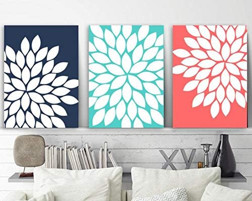 Amazon Com Blafitance Navy Coral Flower Wall Art Canvas Or Print Coral Bathroom Decor Turquoise Bedroom Wall Decor Flower Burst Dahlias Set Of 3 Home Decor Posters Prints