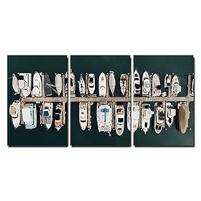 3 Piece Canvas Wall Art - Eagle Eye View of Houseboats Stopping at Yacht Dock - Modern Home Art Stretched and Framed Ready to Hang - 16"x24"x3 Panels