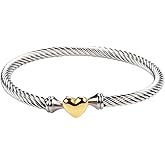 Jeolory Adjustable Twist Stainless Steel Cable Wire 14K Gold Plated Love Heart Charm Bracelets Friendship Open Bangle Wrist Cuff for Women Men