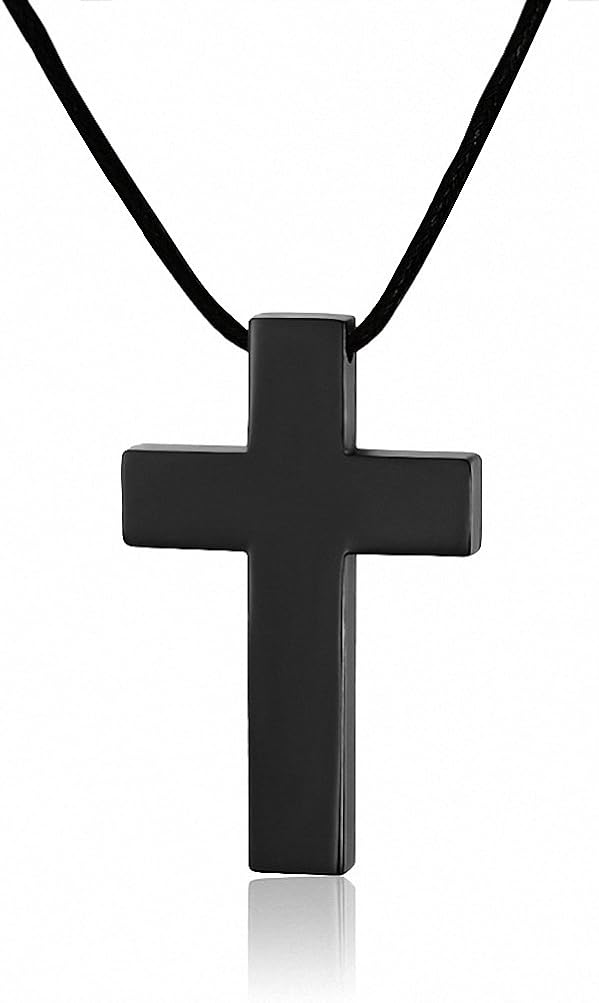 Men Women Stainless Steel Cross Pendant Black Leather Rope Necklace