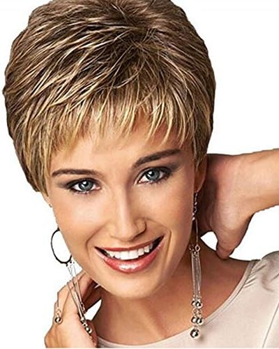 Royalfirst Short Slight Wavy Synthetic Hair Wig Short Layered Pixie Cut Wigs for Women Lady with Bangs, Dark Brown