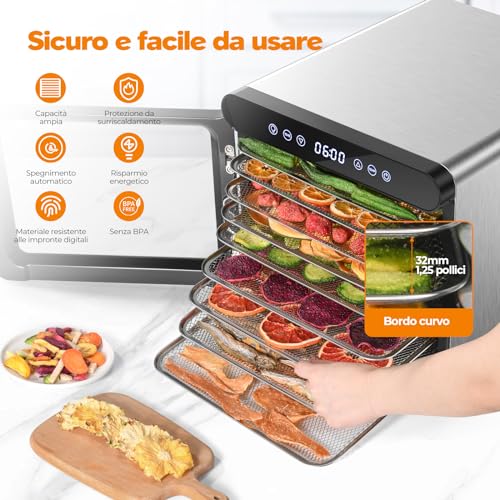 YASHE Food Dryer, 800W Dehydrator with LED Display, Temperature Up to 75°C and 48H Timer, 9 Stainless Steel Trays, 9 Mesh Sifters, 1 Fruit Tray