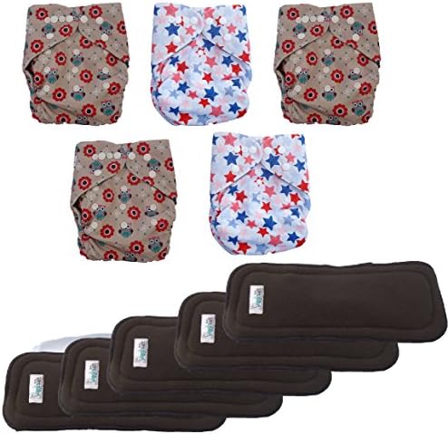 AngelicWare Cloth Diapers Set. Reusable all in One Size Baby Pocket Diaper + 5 Layer Bamboo Inserts +Bonus eBook (5 Pack, Owl2)