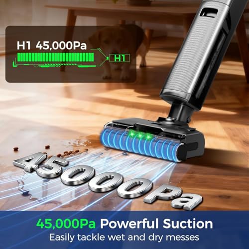 Wet Dry Vacuum Cleaner, 45kPa Vacuum Mop All in One, Mop Vacuum Cleaner for Hard Floor Cordless Vacuum Mop Combo with Self-Cleaning,75 Mins Runtime, Anti-Tangle, LED Light,180° Lay-Flat,Self Propelled