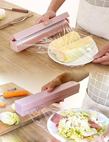 Voberry Food Wrap Dispenser, Foil and Cling Film Cutter Plastic Storage Holder Kitchen Accessories (Pink)