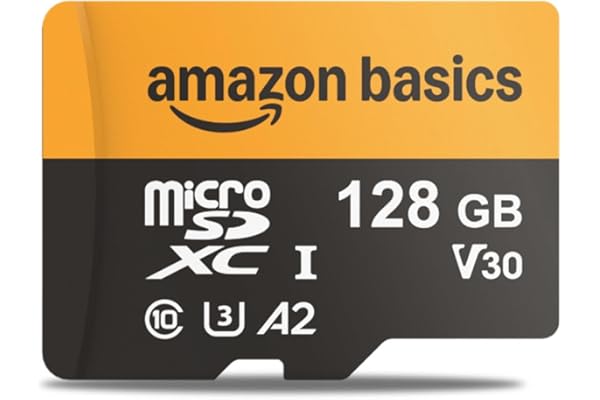Amazon Basics 128GB microSDXC Memory Card with Adapter for Smartphones, Drones, Cameras, Full HD, Read Speed Up to 200MB/s, 1-Pack