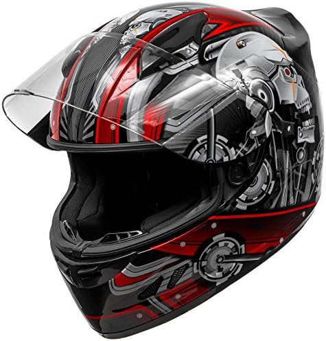 KOI DOT Motorcycle Helmet Full Face KOI Cyborg Skull Gloss Red w/Clear Visor - L