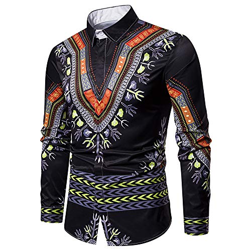 GOVOW African Print Shirts for Men Big and Tall - Autumn Luxury Long Sleeve Dashiki Shirt Top Blouse(US:12/CN:XXXL,ZZ-Black)