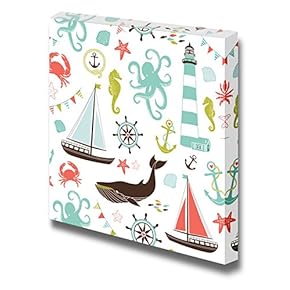 Canvas Prints Wall Art - Retro Seamless Nautical Pattern - 12" x 12"