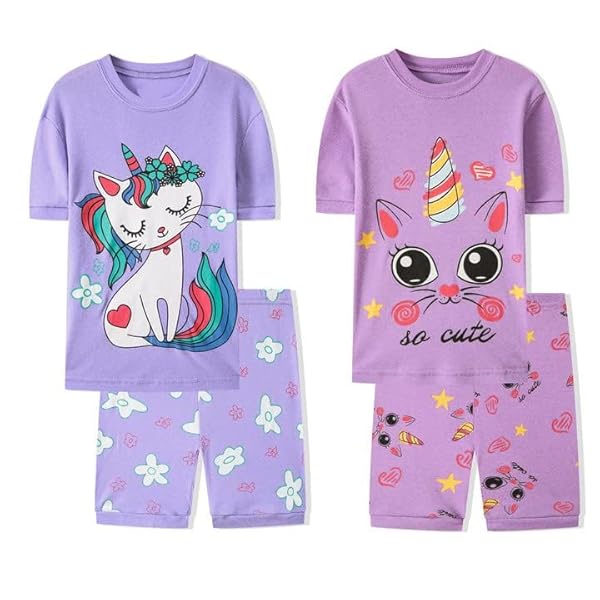 JOYOND GIRLS SUMMER COTTON PAJAMAS 4 PIECE SNUG-FIT SLEEPWEAR FOR TODDLER CLOTHES KIDS SHORT SLEEVES CUTE CAT PJS SET 4T
