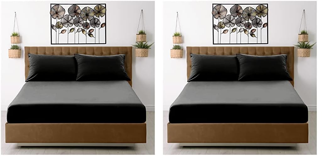 Fitted Sheet Single Bed - Black Bedding Sheet - Plain Dyed Microfiber Bedsheets (Pack of 2)