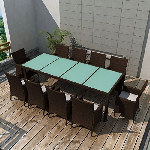 vidaXL Gartenmöbel 11-TLG. mit Auflagen Sitzgruppe Gartenset Sitzgarnitur Gartengarnitur Gartentisch Tisch Esstisch Stühle Poly Rattan Braun – Bild 2